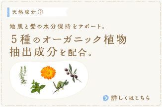 天然成分②　地肌と髪の水分保持をサポート。　5種のオーガニック植物抽出成分を配合。　詳しくはこちら