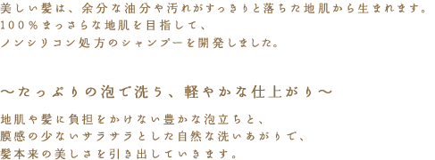 美しい髪は、余分な油分や汚れがすっきりと落ちた地肌から生まれます。100％まっさらな地肌を目指して、ノンシリコン処方のシャンプーを開発しました。