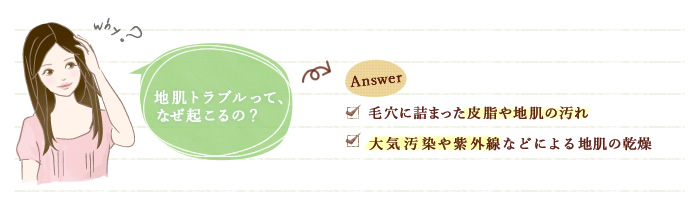 地肌トラブルってなぜ起こるの？　✓	毛穴に詰まった皮脂や地肌の汚れ　✓	大気汚染や紫外線などによる地肌の乾燥